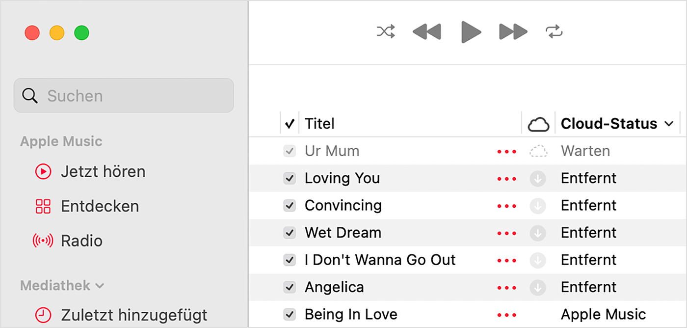Die Apple Music-App auf dem Mac. Sie zeigt den Cloud-Status neben den Titeln an