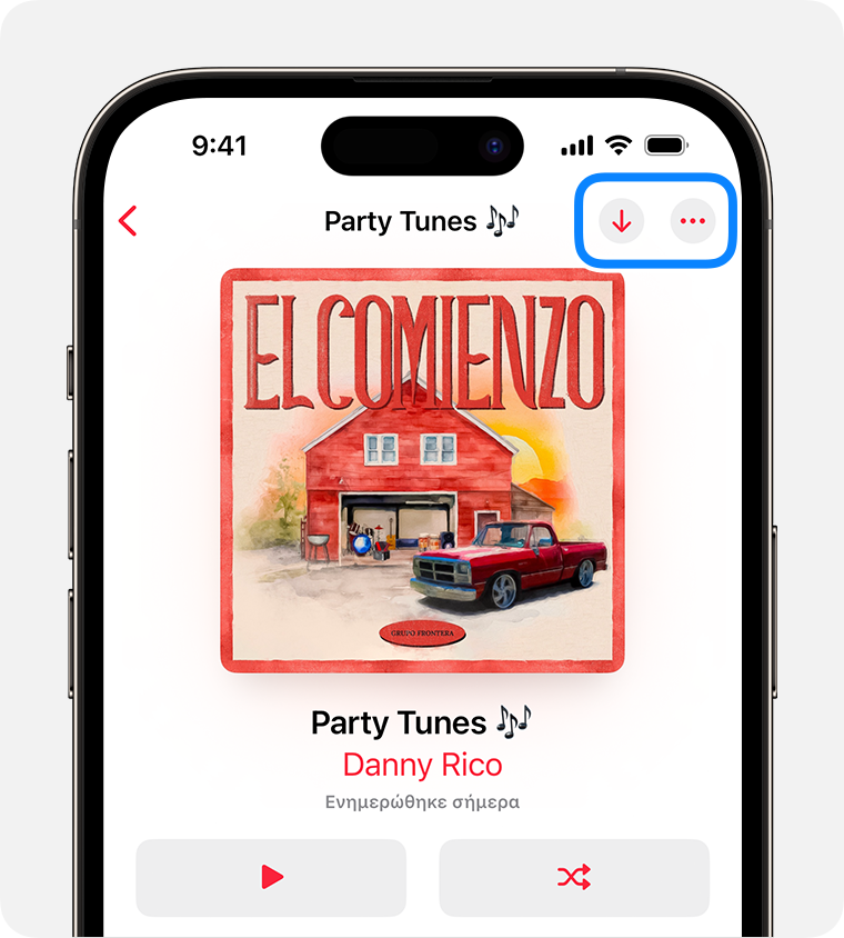 iPhone στο οποίο εμφανίζονται τα κουμπιά «Λήψη» και «Περισσότερα» στην εφαρμογή Apple Music.