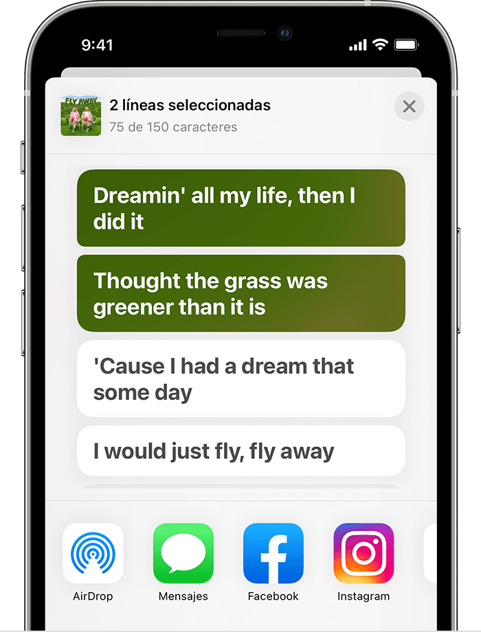 Imagen de un iPhone que muestra la hoja para compartir con dos líneas de una canción seleccionadas.