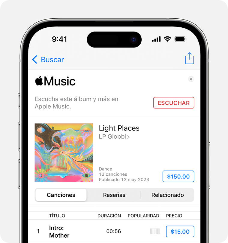 iPhone en el que se muestra el precio junto a un álbum en la app iTunes Store