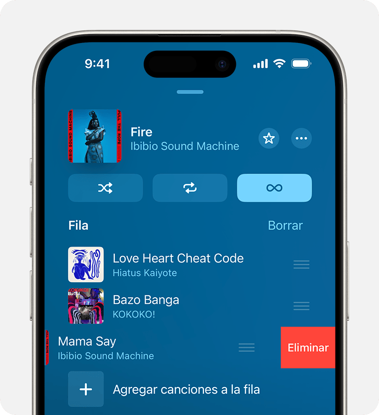 iPhone en el que se muestra música en la que se desliza hacia la izquierda para revelar el botón Eliminar en la pantalla Siguiente