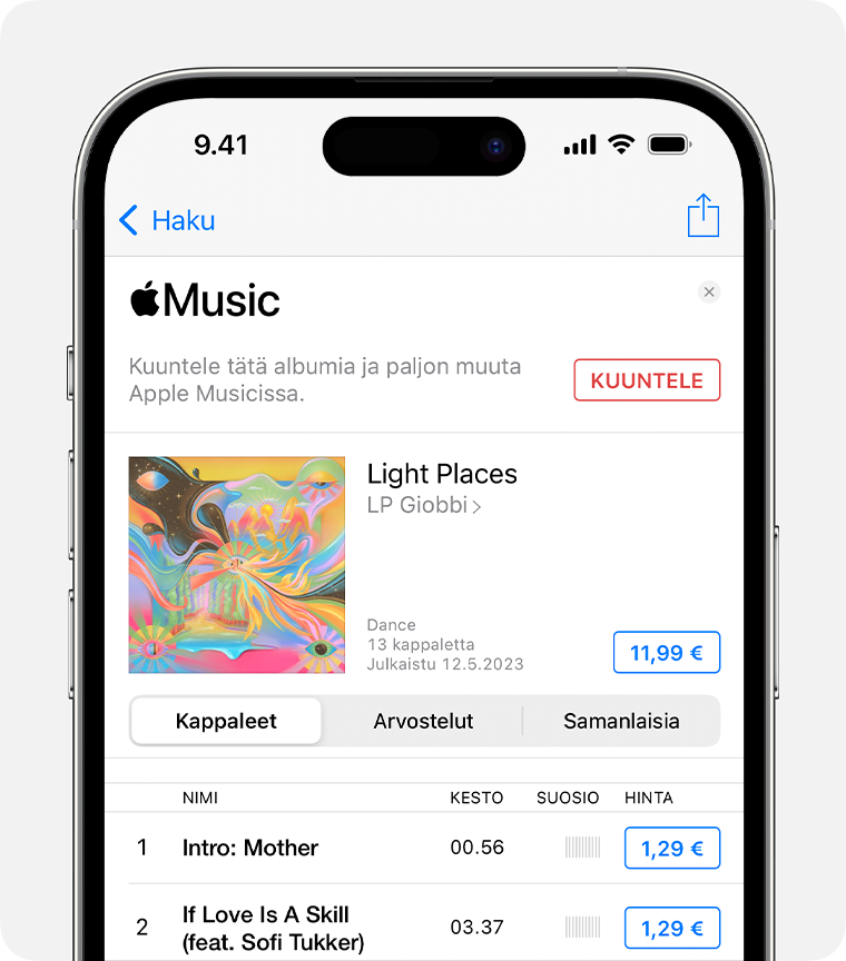 iPhonessa näkyy hinta iTunes Store ‑apissa olevan albumin vieressä