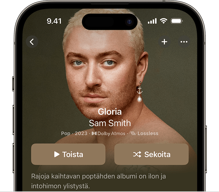 iPhone, jossa näkyy Sekoita-painike albumin ylälaidassa Apple Music -apissa