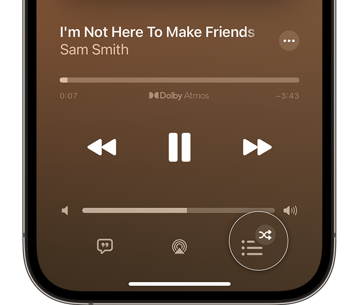 iPhone, jossa näkyy Seuraavaksi-painike Apple Music -apissa