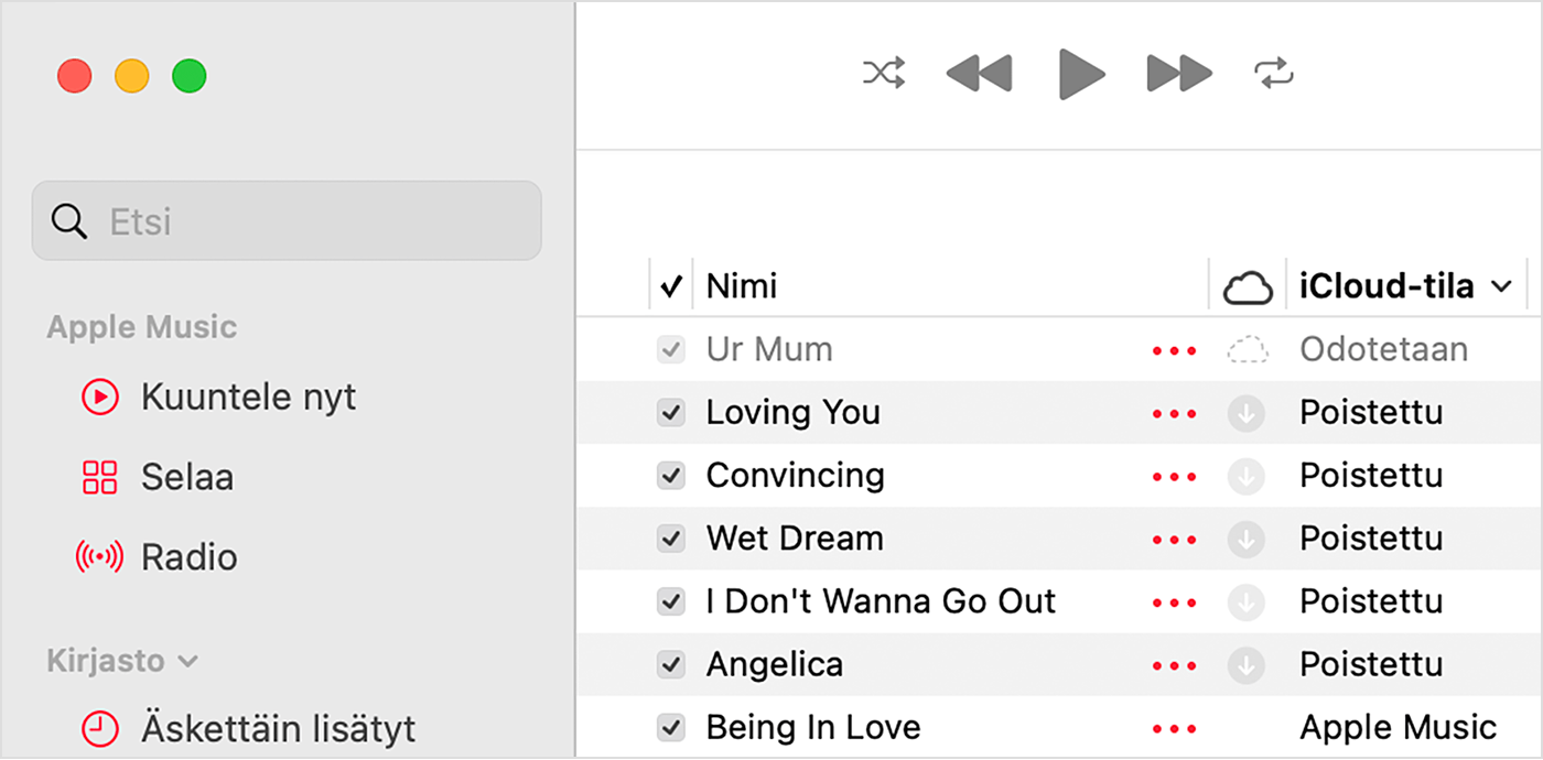 Macin Apple Music ‑appi, jossa kappaleiden vieressä näkyy iCloud-tila