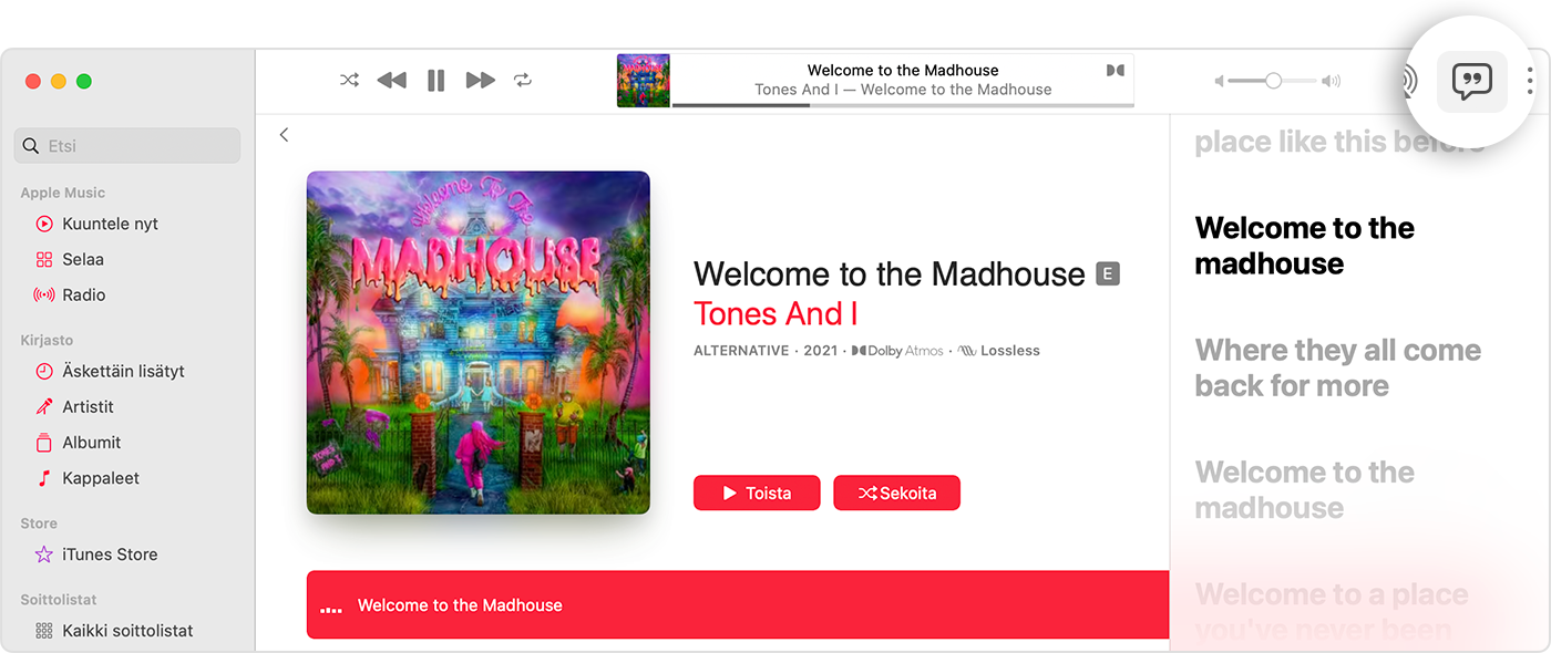 Macin Apple Music -appi, jossa näkyvät Sanat-painike ja aikasynkronoidut sanat
