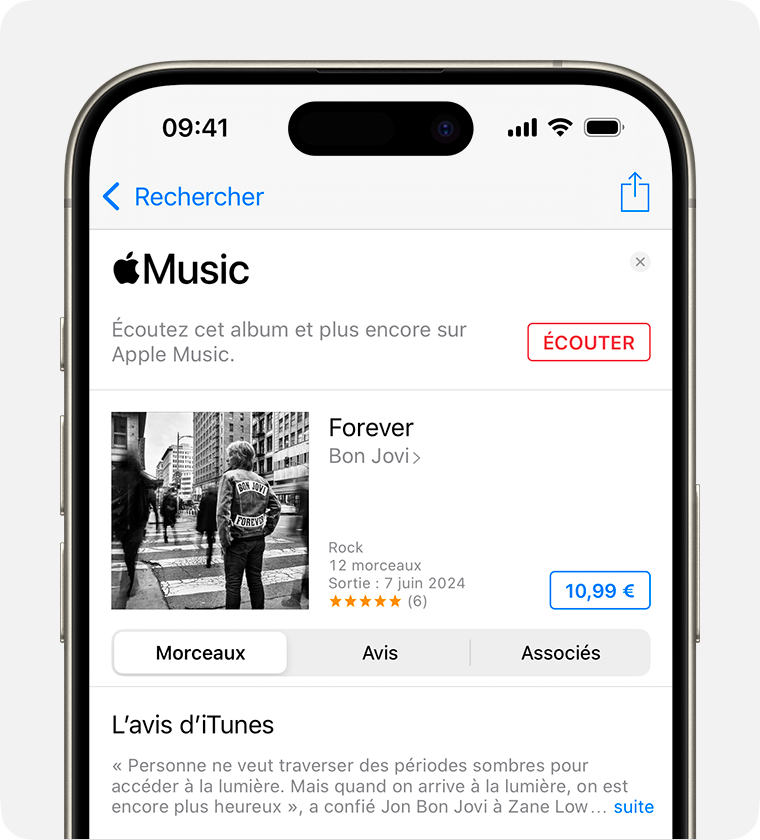 L’écran d’achat de l’album Forever de Bon Jovi dans l’iTunes Store. Le bouton d’achat se trouve à droite de l’écran. Ce bouton indique le prix de l’album dans un cadre bleu. 