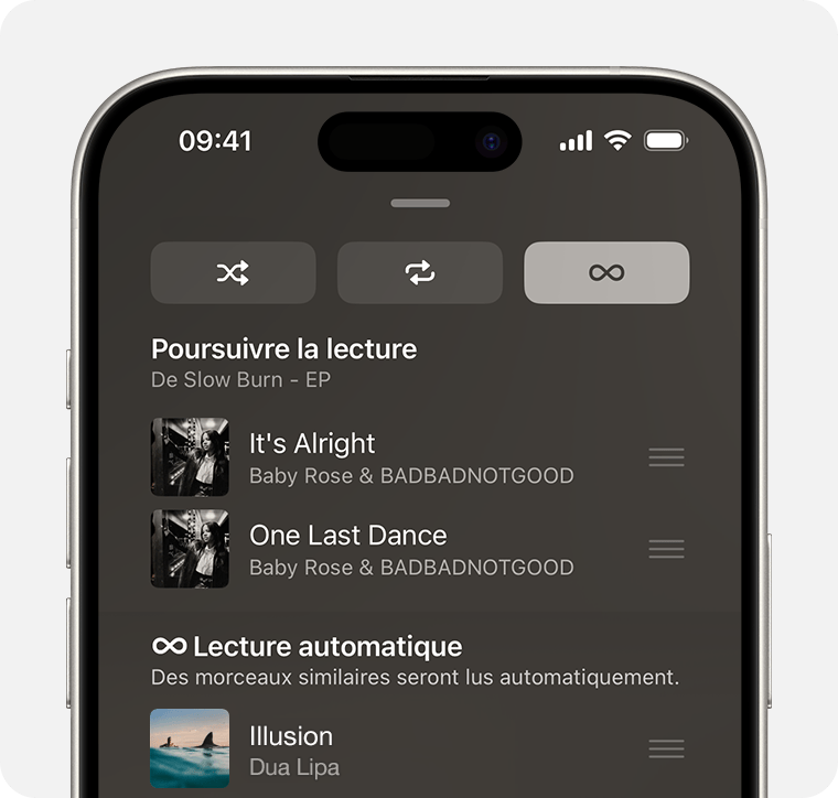iPhone affichant le bouton de lecture automatique sur l’écran Suivant