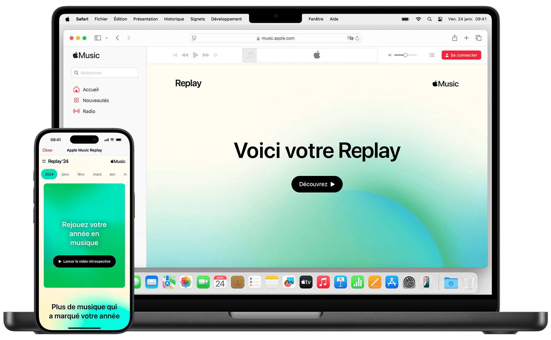 Un iPhone et un MacBook affichant l’écran de lancement d’Apple Music Replay.