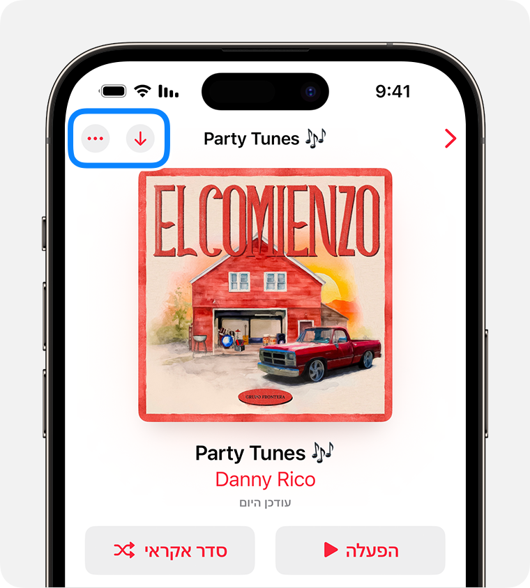 iPhone שרואים בו את הלחצן 'הורדה' ואת הלחצן 'עוד' ביישום Apple Music.