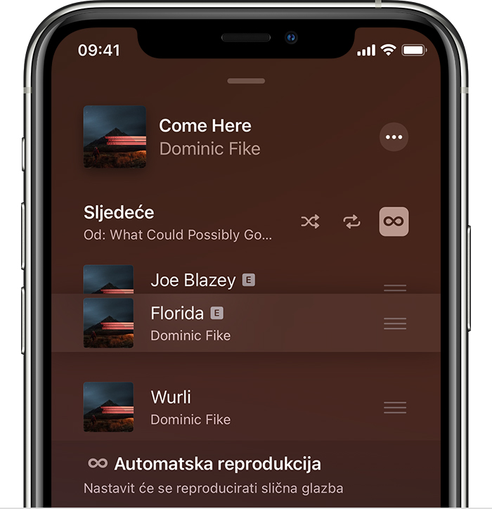 Na iPhone uređaju prikazuje se glazba koja je preraspoređena na zaslonu Sljedeće