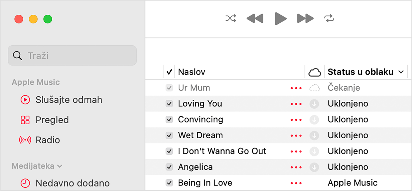 Aplikacija Apple Music na Mac računalu u kojoj se prikazuje status u oblaku pokraj pjesama