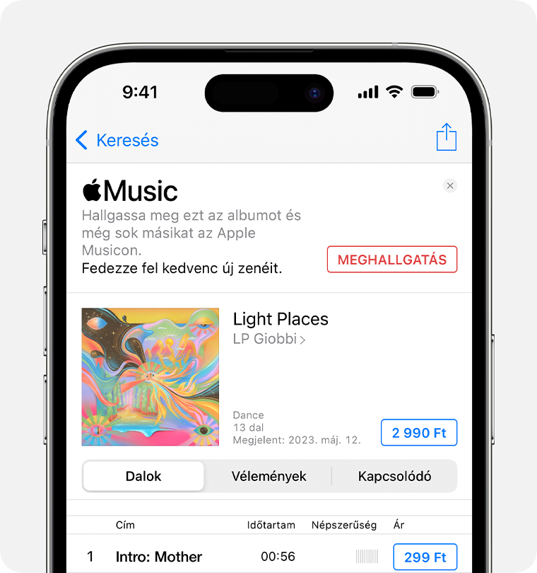 Egy iPhone, amelyen az ár látható az album mellett az iTunes Store alkalmazásban