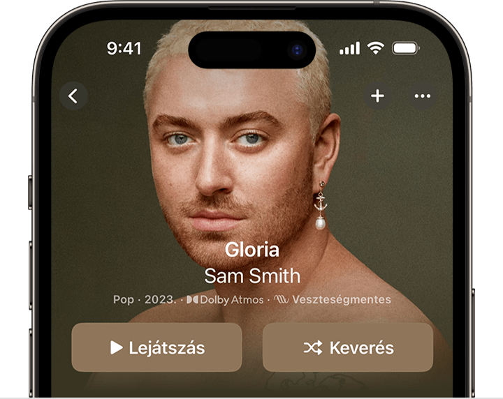 Egy iPhone képernyője, amelyen az Apple Music alkalmazás van megnyitva, a Keverés gomb pedig az album felső részén található