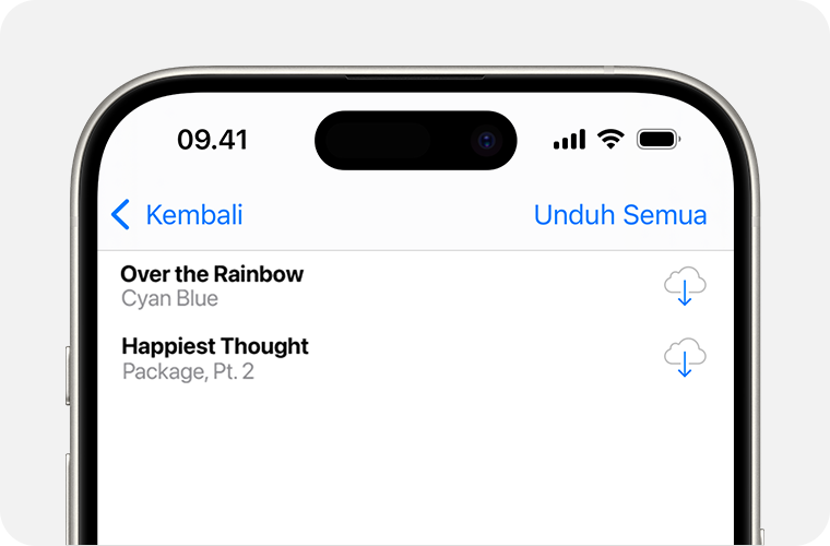 iPhone yang menampilkan daftar lagu yang dapat Anda unduh ulang. Tombol Unduh ada di sebelah kanan, berupa awan dengan panah di tengahnya yang menunjuk ke arah bawah.