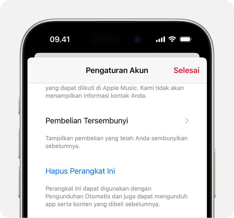 iPhone menunjukkan layar Pengaturan Akun di Apple Music. Pembelian Tersembunyi berada di tengah layar.