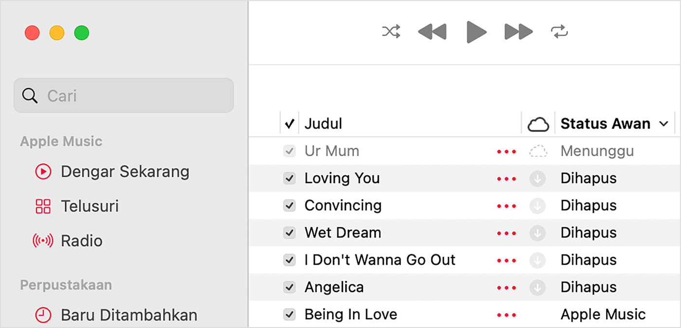 App Apple Music di Mac menampilkan status awan di samping lagu