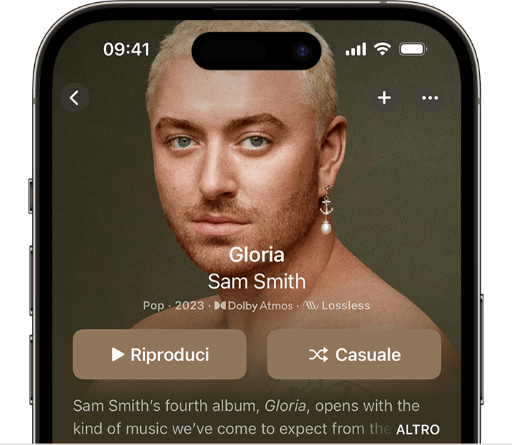 iPhone che mostra il pulsante Casuale nella parte superiore di un album nell'app Apple Music