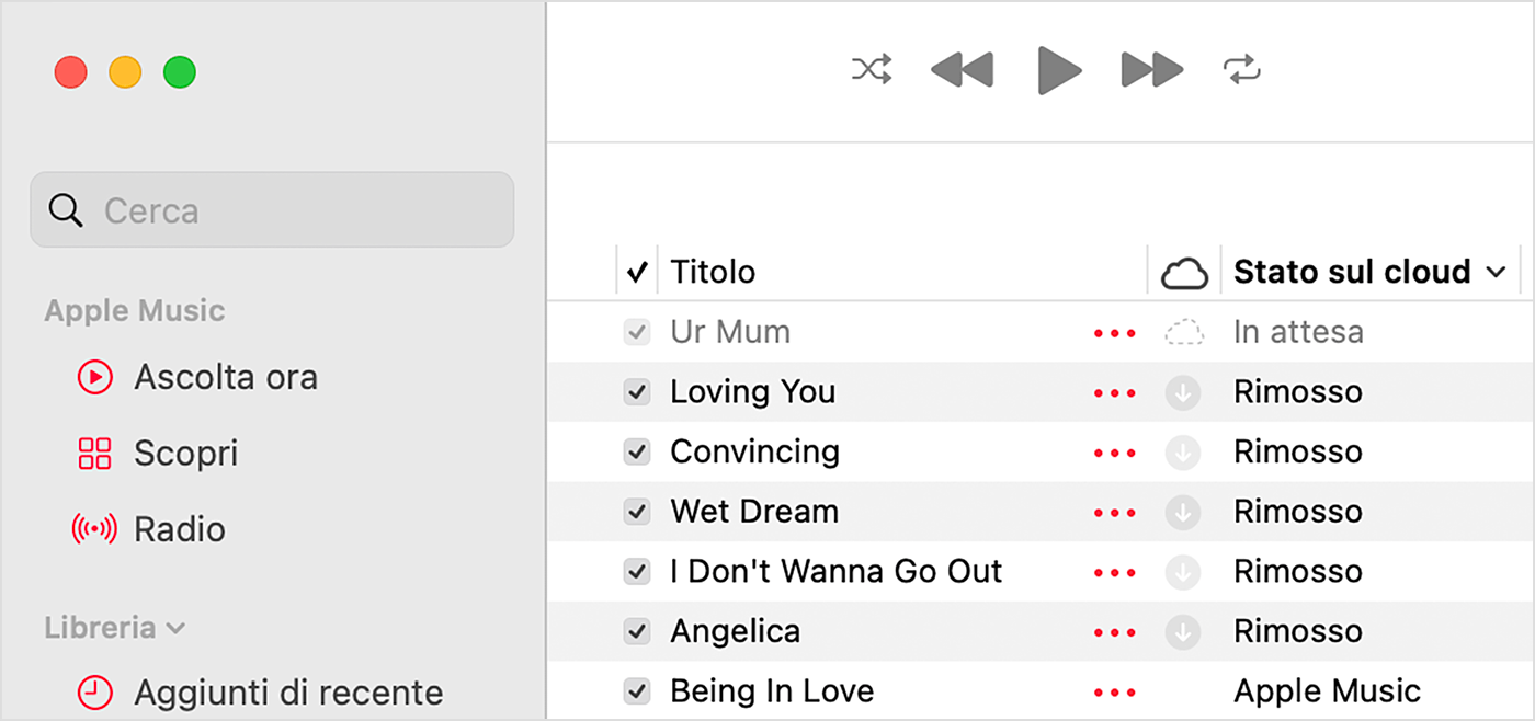 App Apple Music su Mac che mostra lo stato del cloud accanto alle canzoni