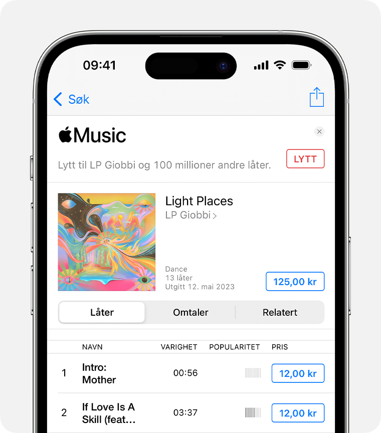 iPhone som viser prisen ved siden av et album i iTunes Store-appen
