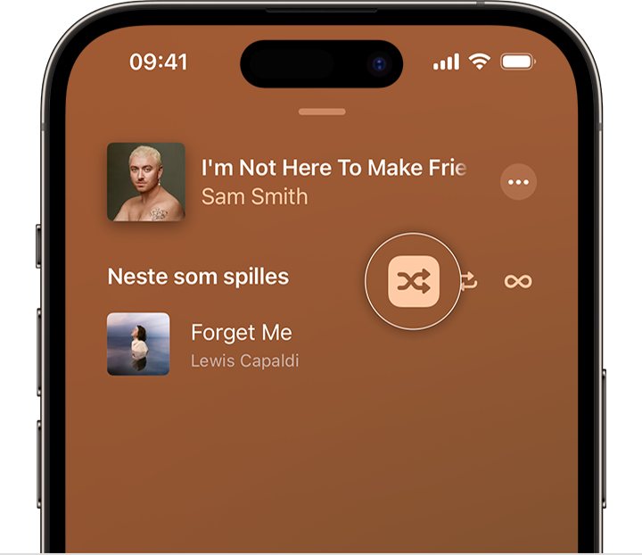 iPhone som viser Bland-knappen øverst i Neste som spilles i Apple Music-appen