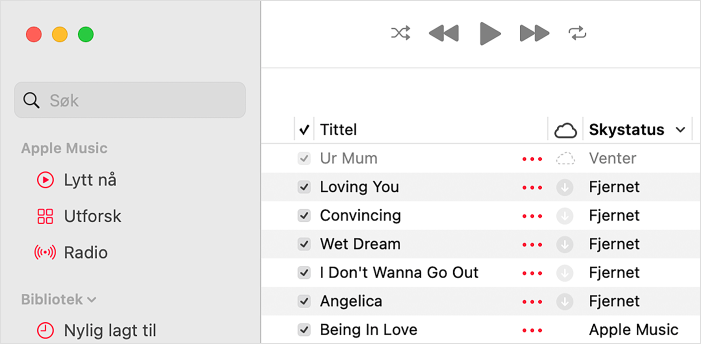 Apple Music-programmet på Mac som viser skystatusen ved siden av sanger