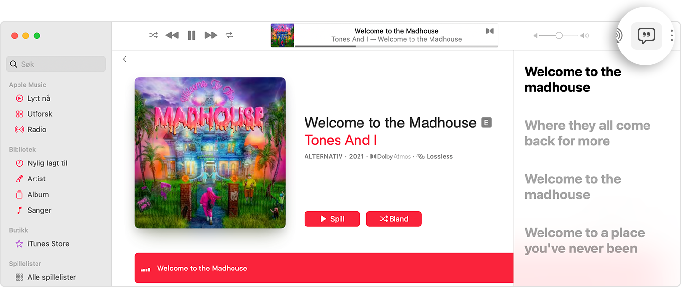 Apple Music-appen på Mac som viser Sangtekst-knappen og tidssynkroniserte sangtekster