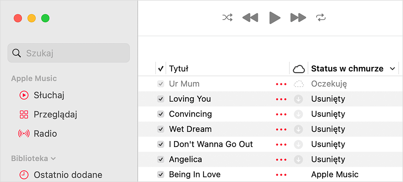 Aplikacja Apple Music na Macu pokazująca status w chmurze obok utworów