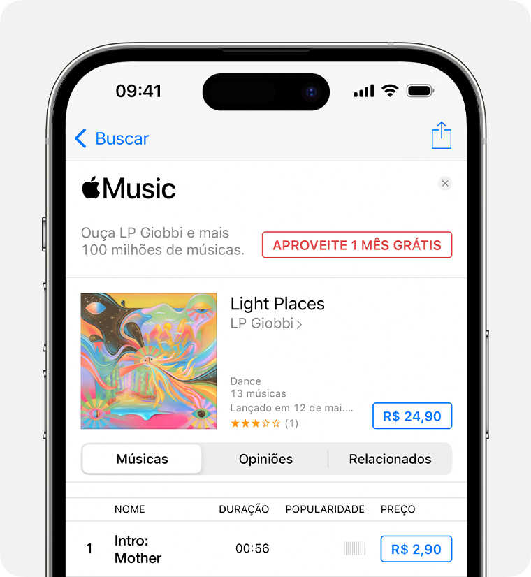 iPhone mostrando o preço ao lado de um álbum no app iTunes Store