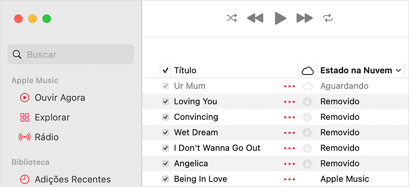 App Apple Music no Mac mostrando o status da nuvem ao lado das músicas