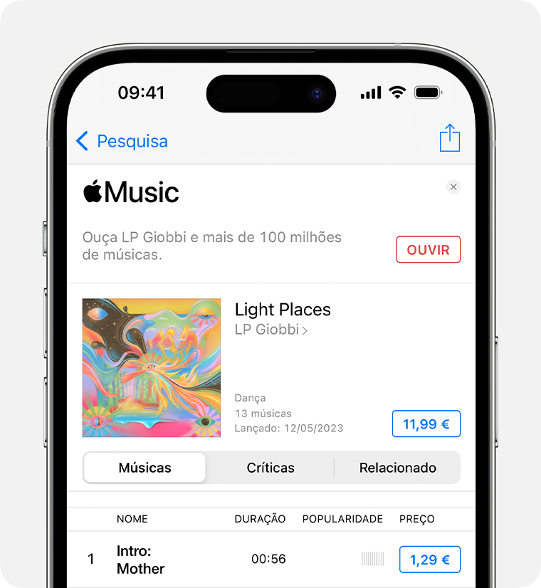 iPhone a mostrar o preço junto a um álbum na app iTunes Store