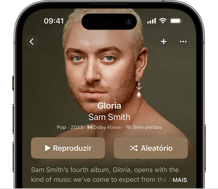 iPhone a mostrar o botão Aleatório na parte superior de um álbum na app Apple Music