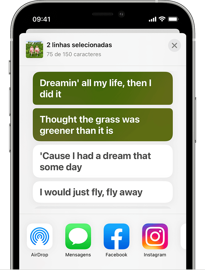 iPhone a mostrar a folha de partilha com dois versos de uma música selecionados. 