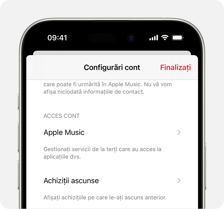 Un iPhone afișând ecranul Configurări cont în Apple Music. Achizițiile ascunse se află în mijlocul ecranului.