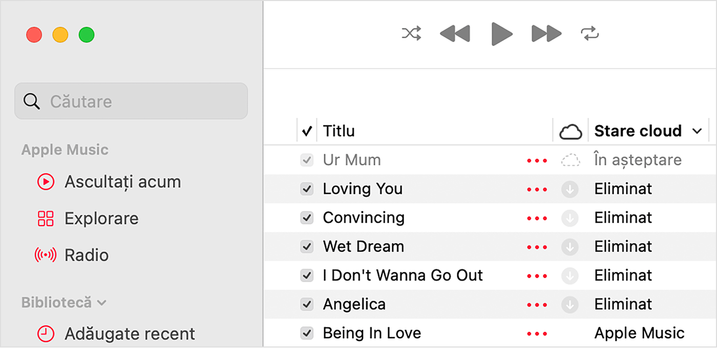 Aplicația Apple Music de pe Mac arată starea de încărcare în cloud în dreptul melodiilor