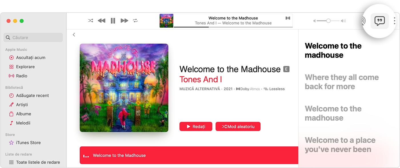 Aplicația Apple Music de pe Mac afișând butonul Versuri și versurile sincronizate în timp