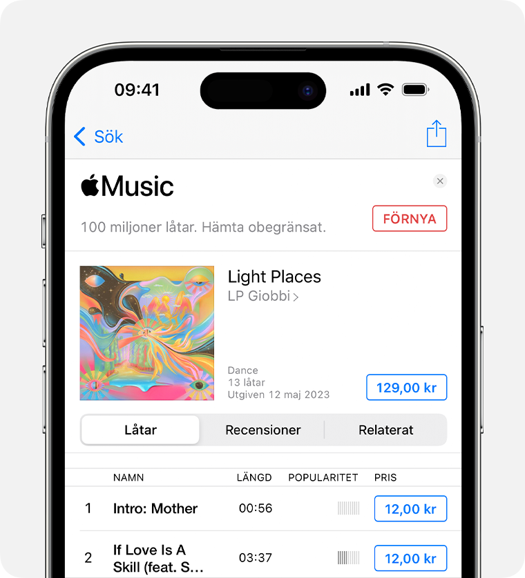iPhone som visar priset bredvid ett album i iTunes Store-appen