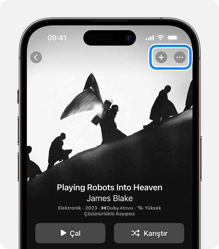 Apple Müzik uygulamasındaki Ekle ve Daha Fazla düğmelerini gösteren iPhone.