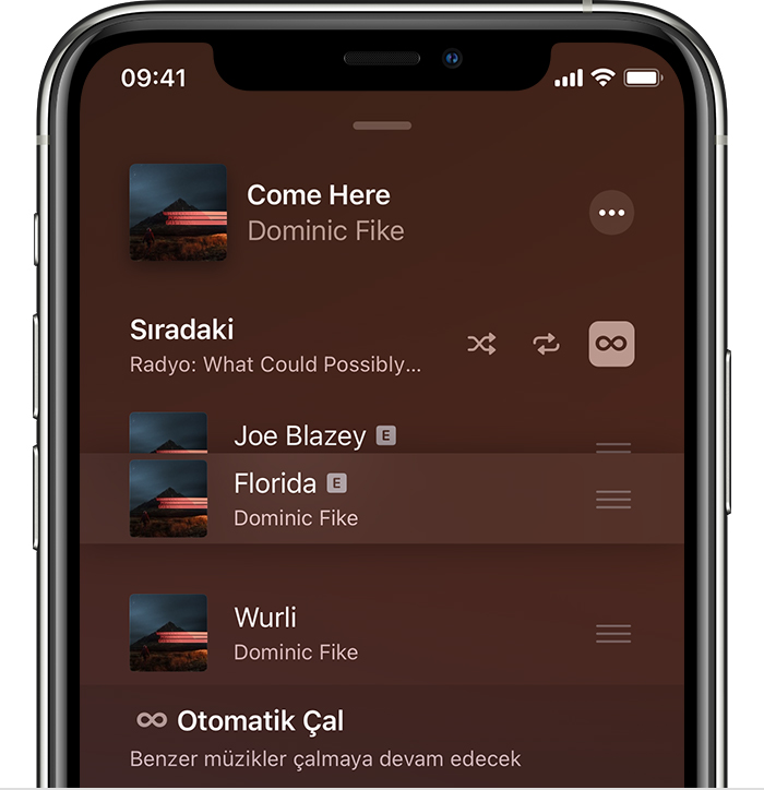 Sıradaki ekranında yeniden düzenlenen müziği gösteren iPhone