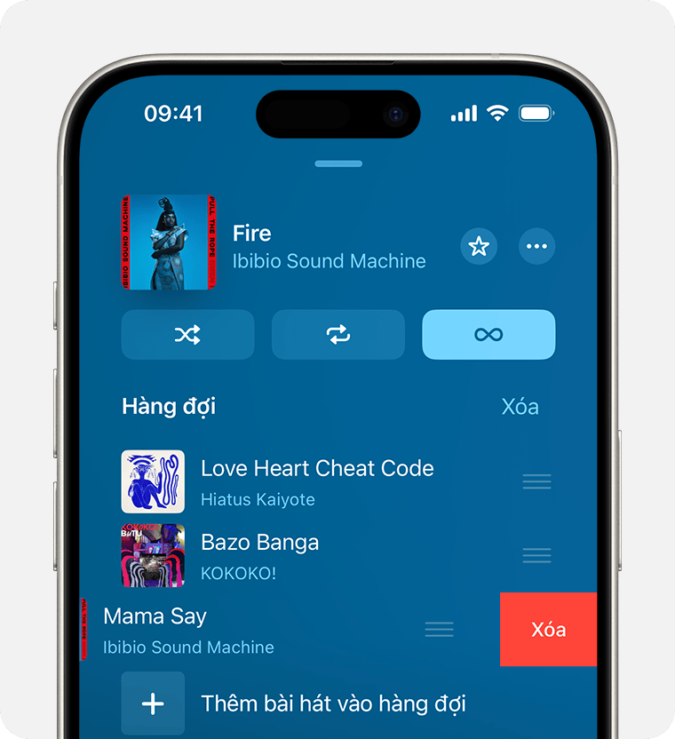 iPhone hiển thị quá trình bản nhạc được vuốt sang trái để hiển thị nút Xóa trên màn hình Phát tiếp theo