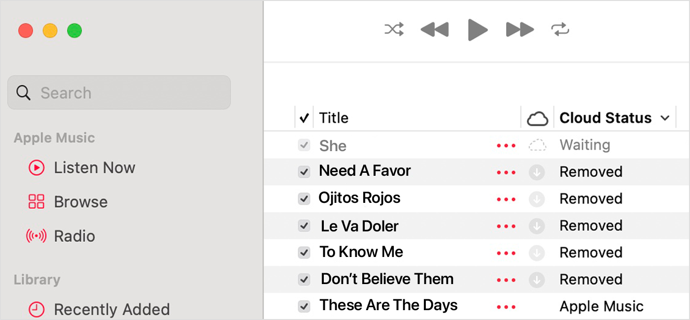 Lietotnē Apple Music Mac datorā blakus dziesmām ir parādīts mākoņa statuss