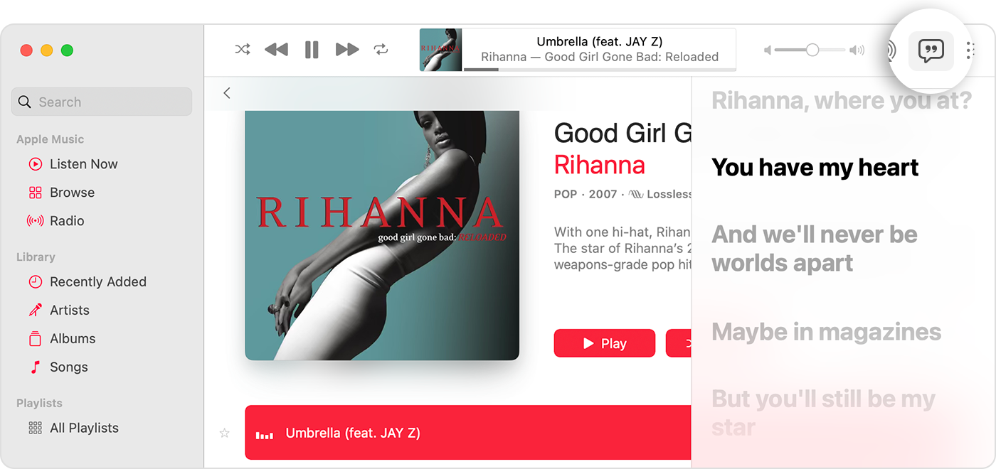 가사 버튼이 표시되어 있고 노래에 맞춰 가사가 나오고 있는 Mac의 Apple Music 앱