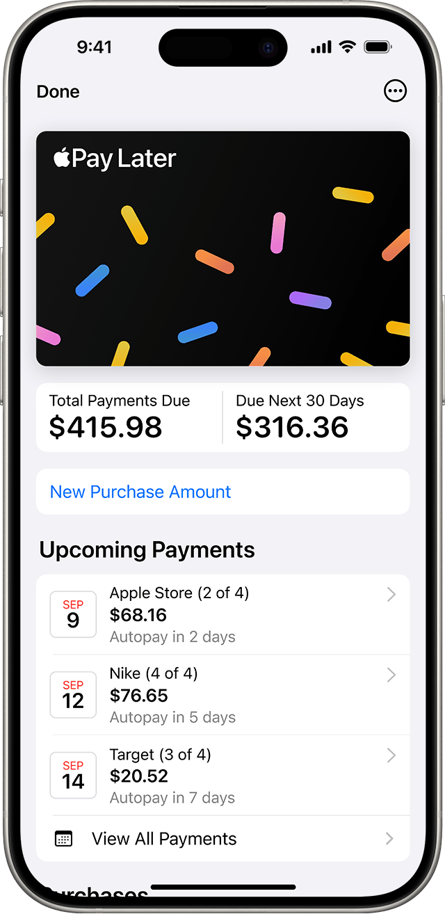 An iPhone showing the Apple Pay Later screen in the Wallet app. You can see the total payments due, the payment due in the next 30 days, and the upcoming payments. 