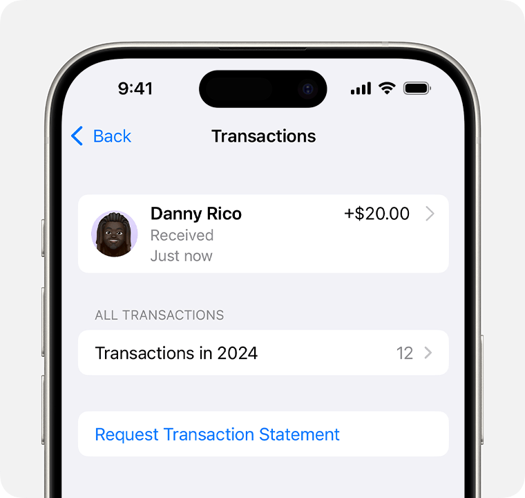 iOS 18 family organizer's view of child's Transactions screen showing Request Transaction Statement.