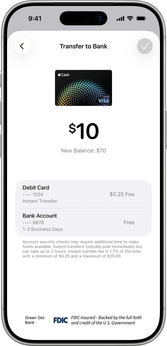 Transfer to Bank with dollar amount, New Balance, and the transfer options.