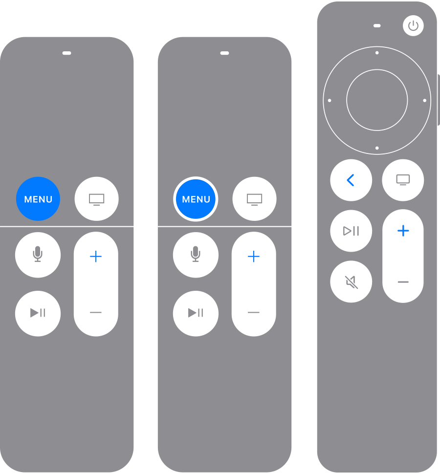 Apple TV Remotes with Back (or Menu) and Volume Up buttons highlighted in blue