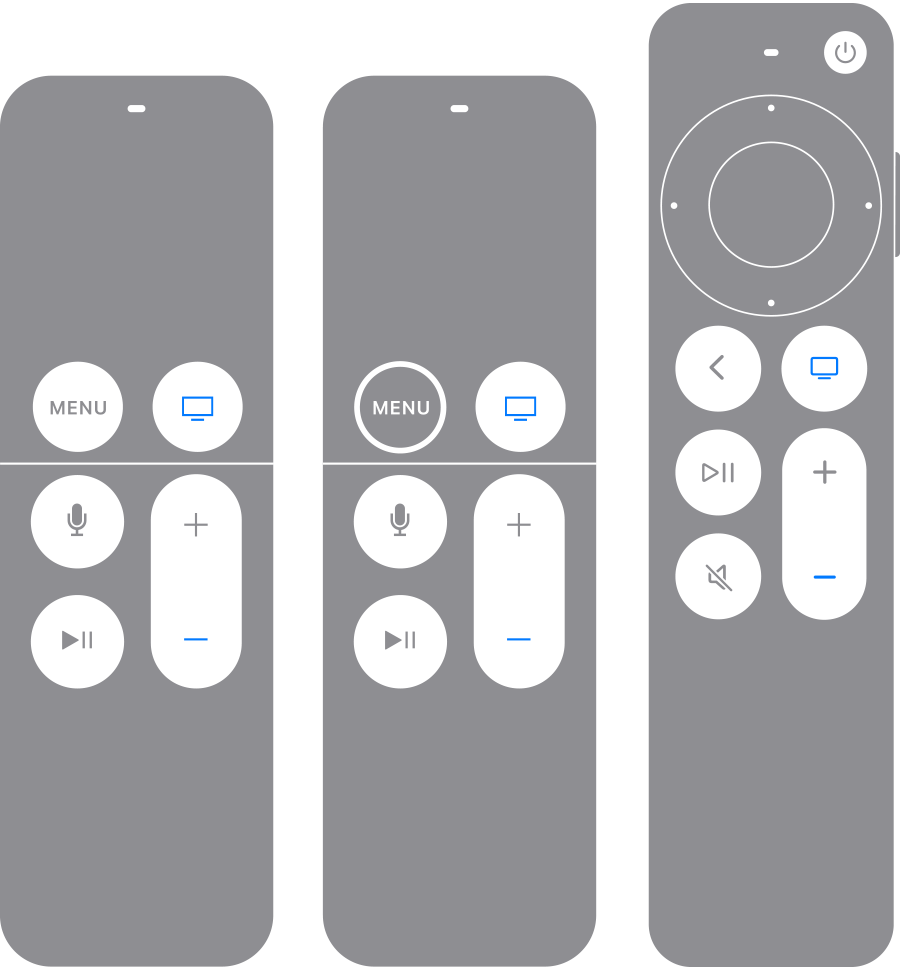 أجهزة ريموت Apple TV مع تمييز الزر "التلفزيون/مركز التحكم" والزر "خفض مستوى الصوت" باللون الأزرق