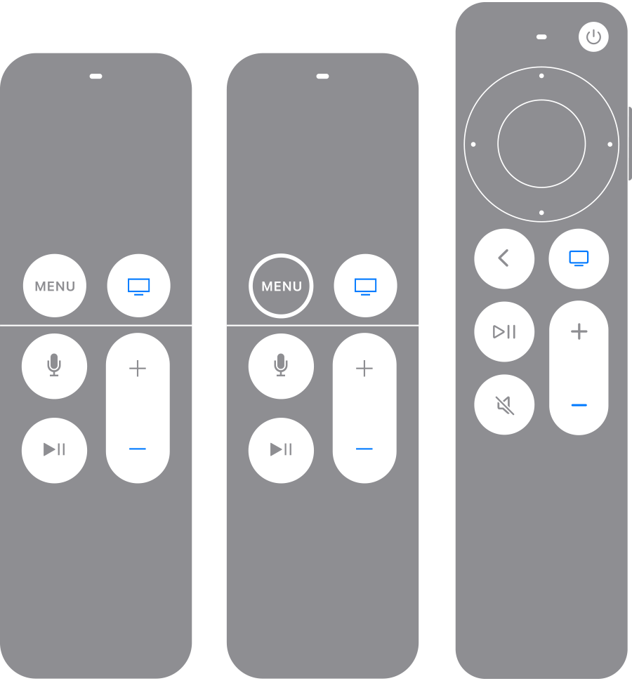 Apple TV-fjärrkontroller med TV-/Kontrollcenter-knapp och Volymsänkningsknapp markerade i blått