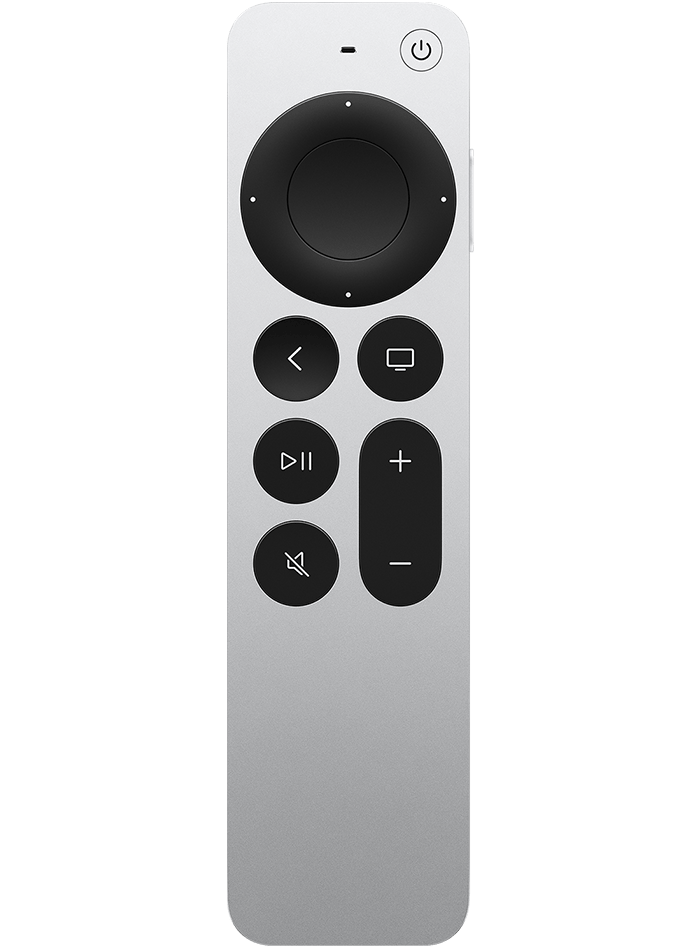 Siri Remote (2a generazione) o Apple TV Remote (2a generazione) con scocca in alluminio di colore argento e clickpack