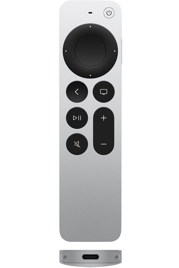 Siri Remote (3a generazione) o Apple TV Remote (3a generazione) con scocca in alluminio di colore argento e porta di ricarica USB-C
